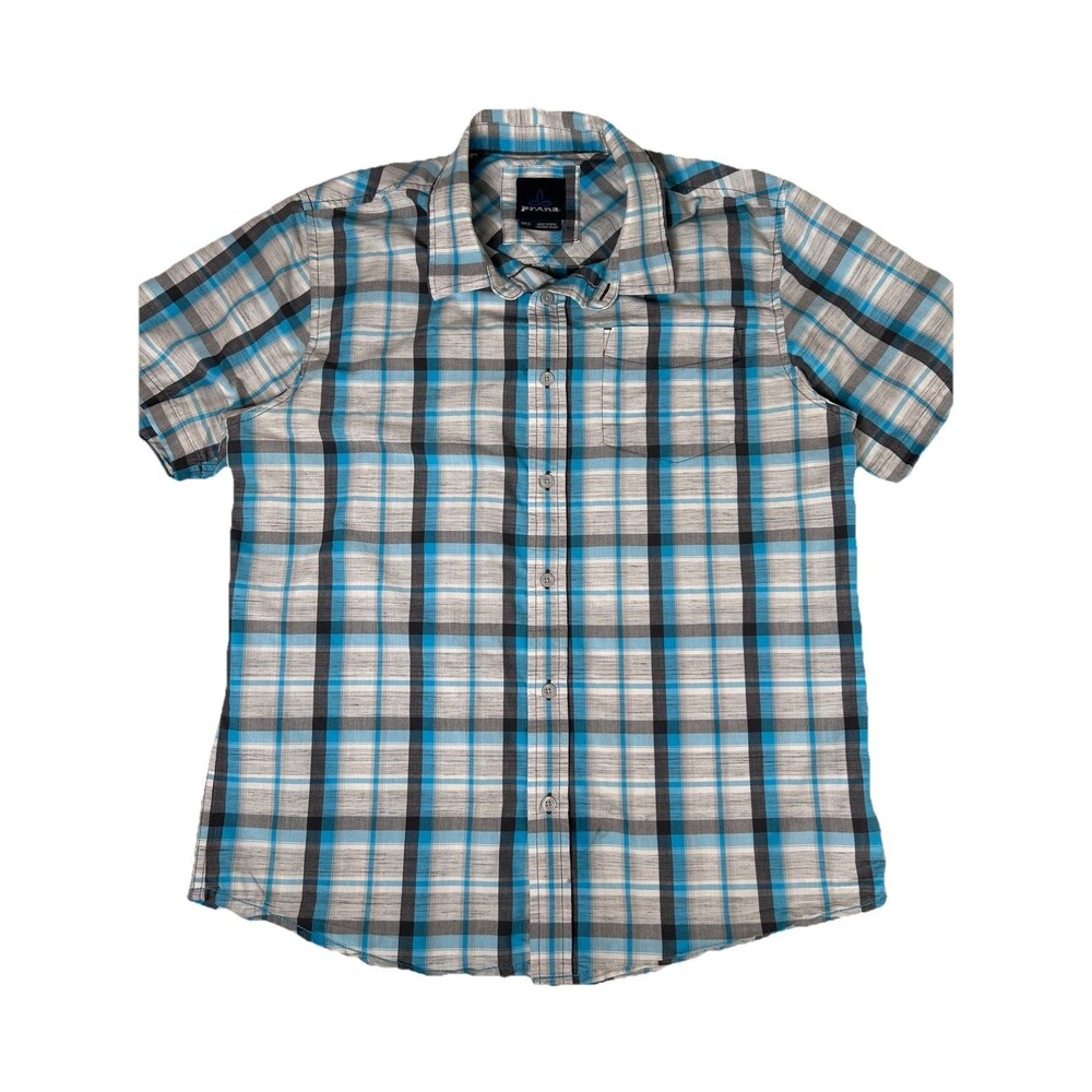 Prana Mens Multicolor Check Plaid Short Sleeve Breathe Button Up Shirt M